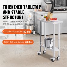 VEVOR Mesa de trabajo de acero inoxidable de 30 x 12 x 38 pulgadas, con 4 ruedas, 3 niveles de altura ajustables, mesa de trabajo de preparación de alimentos resistente para cocina comercial, restaurante, color plateado