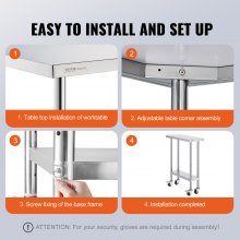 VEVOR Mesa de trabajo de acero inoxidable de 30 x 12 x 38 pulgadas, con 4 ruedas, 3 niveles de altura ajustables, mesa de trabajo de preparación de alimentos resistente para cocina comercial, restaurante, color plateado