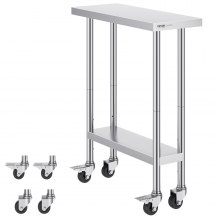 VEVOR Mesa de trabajo de acero inoxidable de 30 x 12 x 38 pulgadas, con 4 ruedas, 3 niveles de altura ajustables, mesa de trabajo de preparación de alimentos resistente para cocina comercial, restaurante, color plateado