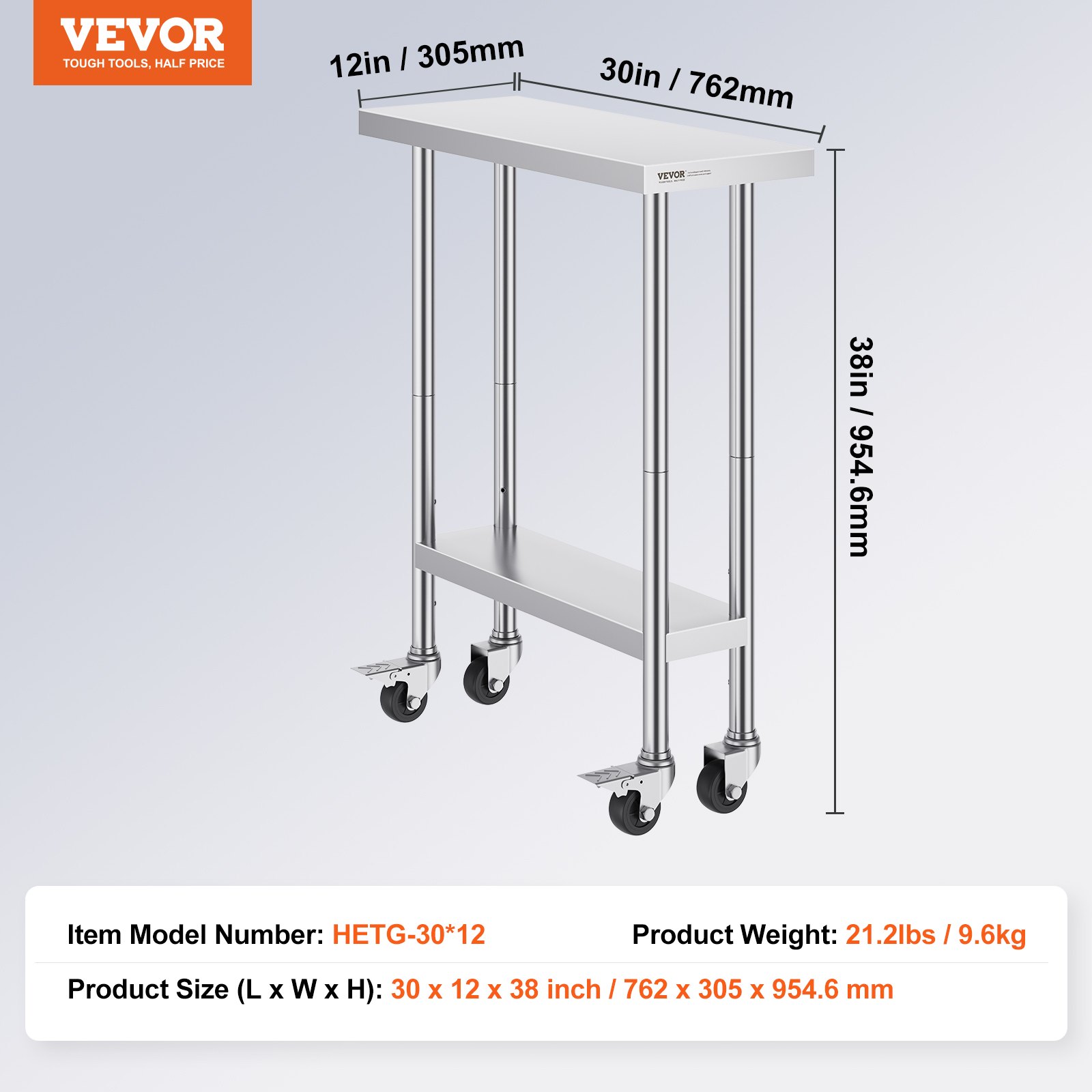 Mesa de trabajo de acero inoxidable VEVOR, 30 x 12 x 38 pulgadas con estante ajustable y ruedas para fácil movilidad.
