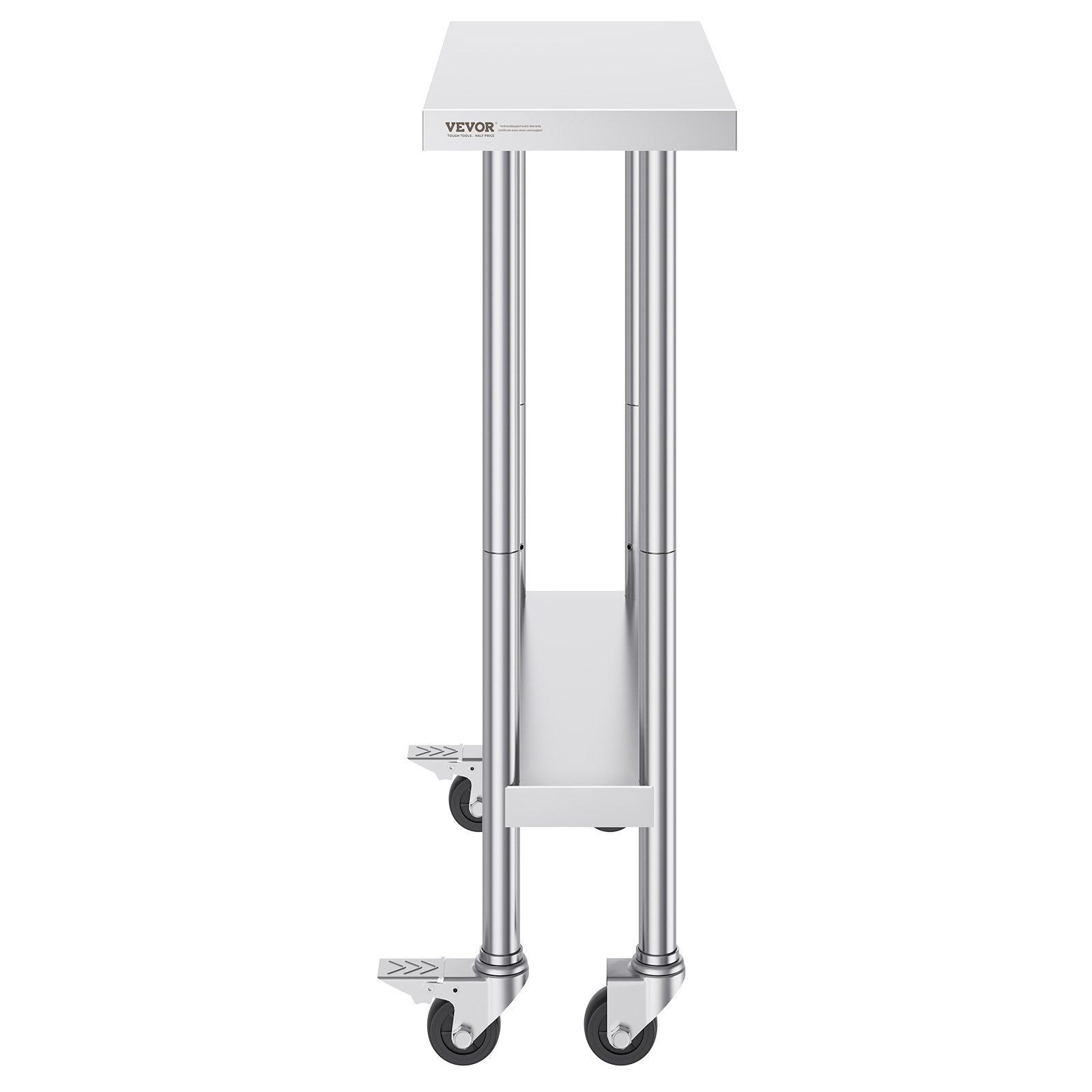 Mesa de trabajo de acero inoxidable VEVOR con ruedas y estante inferior, vista lateral.