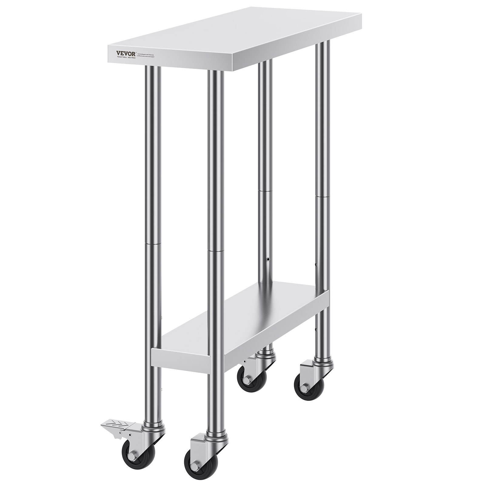 Mesa de trabajo de acero inoxidable VEVOR con ruedas, estante inferior y cuatro patas para estabilidad y movilidad.