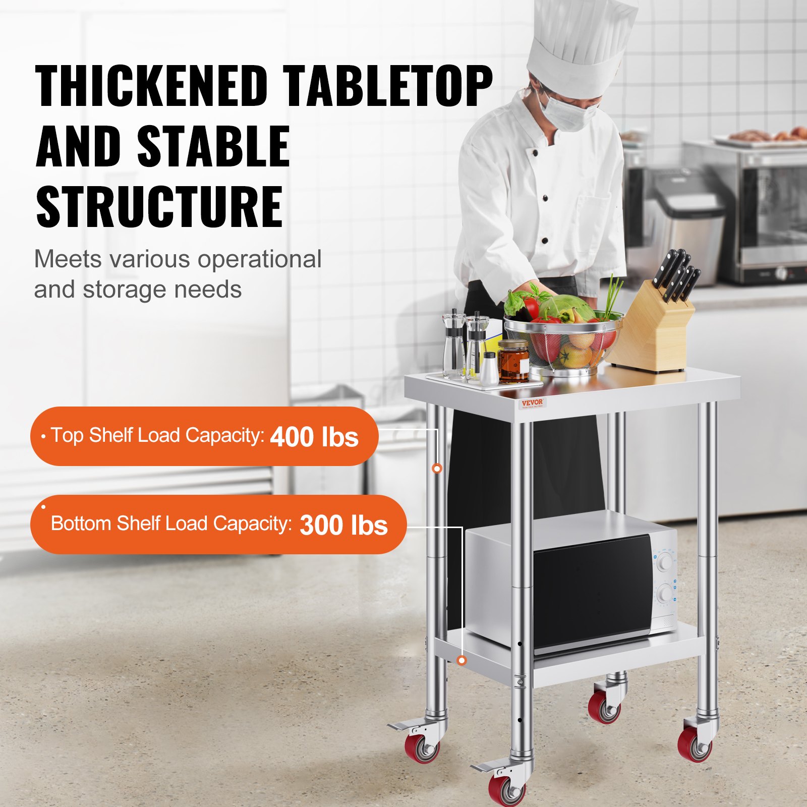 Mesa de trabajo de acero inoxidable VEVOR de 61 x 45 x 86 cm, capacidad de carga de 317 kg, con 4 ruedas y 3 niveles de altura ajustables, resistente para cocinas comerciales y restaurantes, color plateado