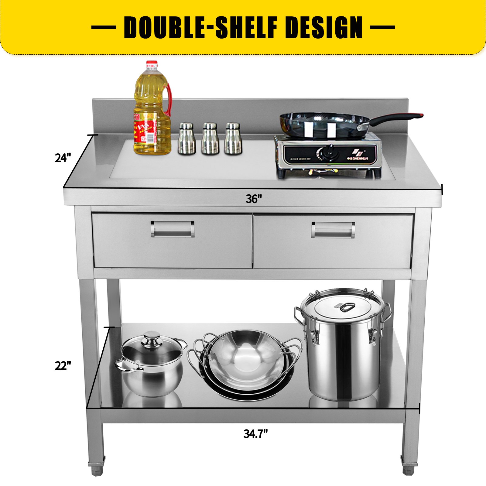 VEVOR Mesa de Trabajo Cocina Acero Inoxidable 610 x 914 x 850 mm con 2 Cajones