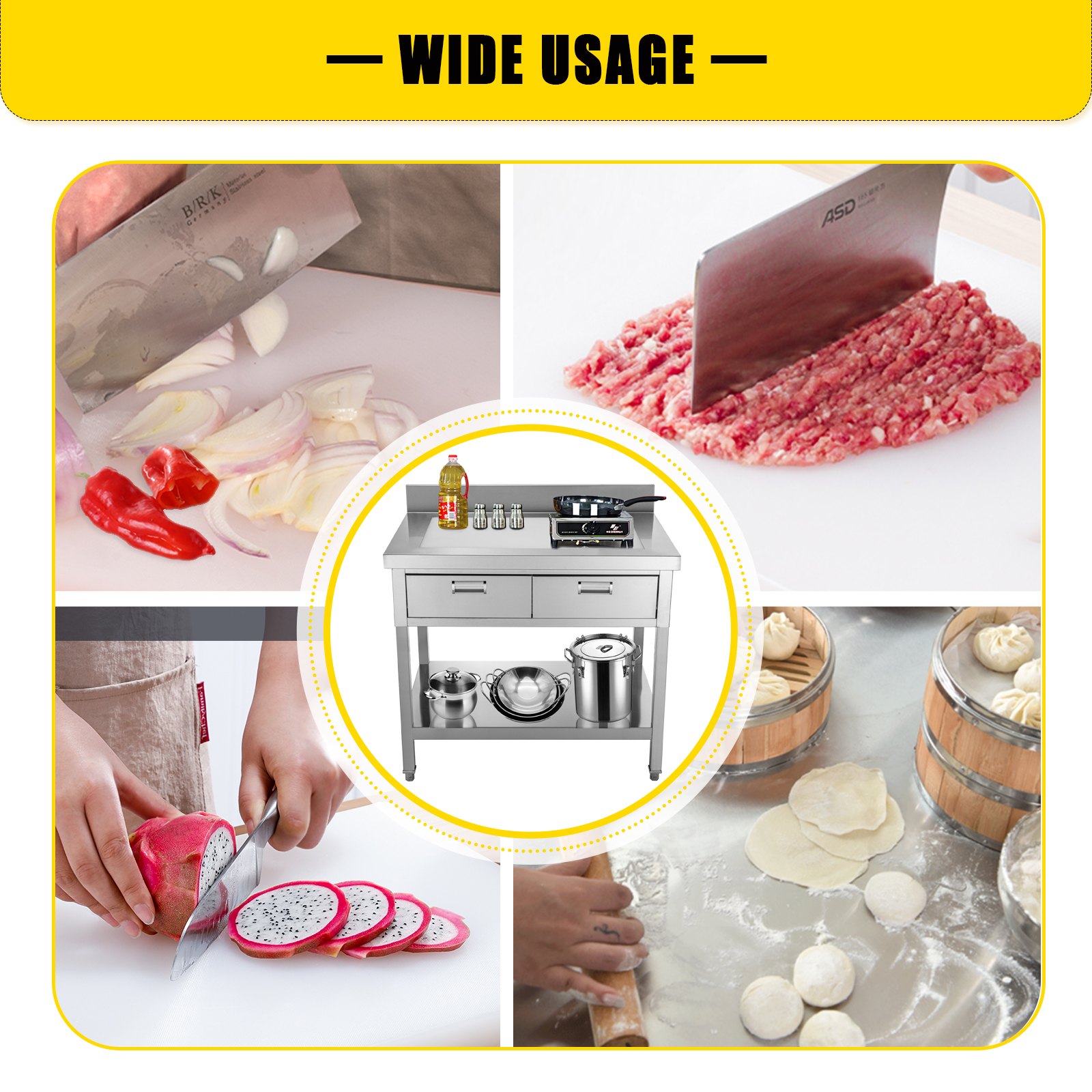 VEVOR Mesa de Trabajo Cocina Acero Inoxidable 610 x 914 x 850 mm con 2 Cajones