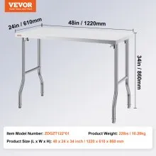 VEVOR Mesa De Preparación Mesas De Cocina Mesa Acero Inoxidable Plegable Mesa de Trabajo 1220 x 610 x 850 mm Capacidad de 300 kg con Pies