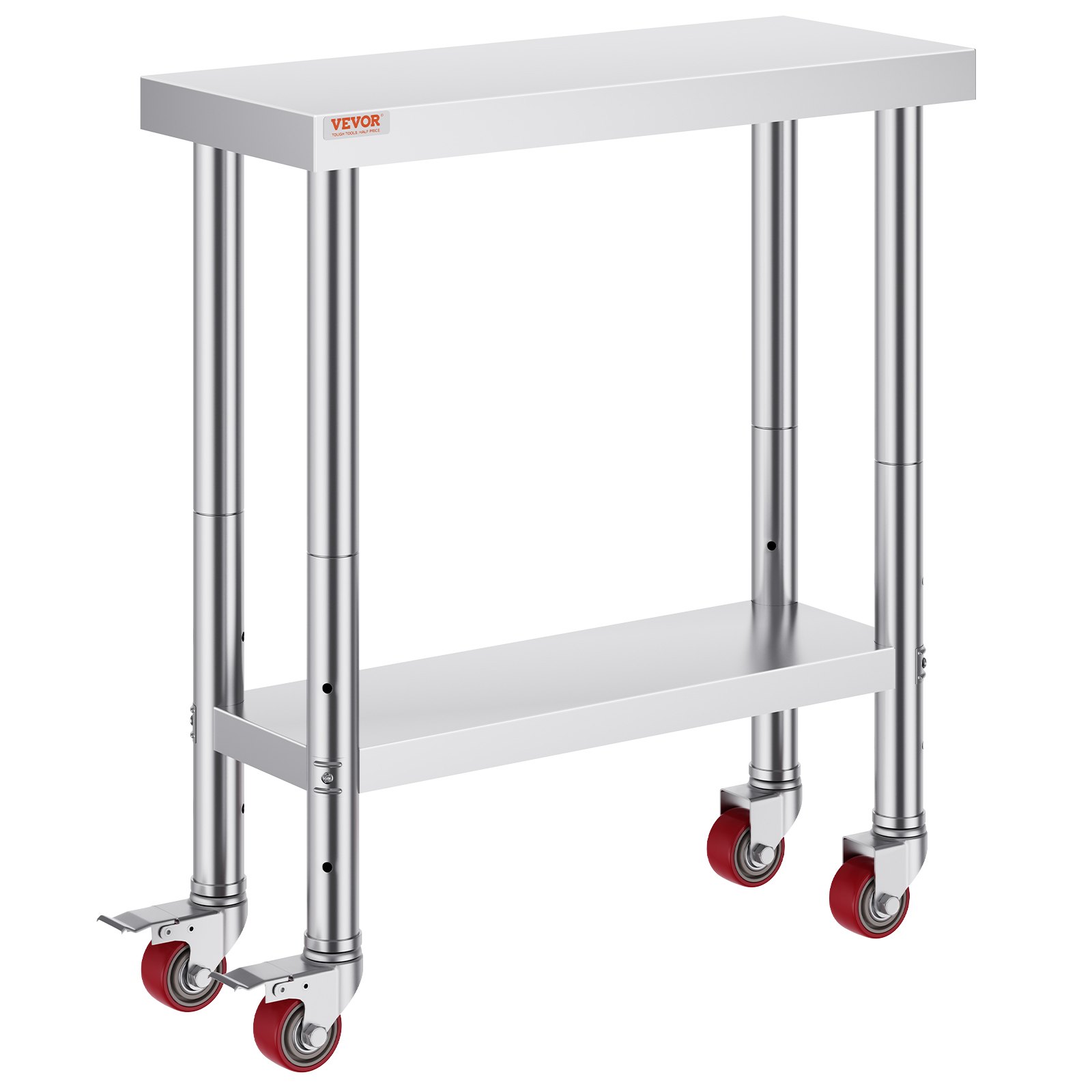 Mesa de trabajo de acero inoxidable VEVOR con ruedas y estante inferior.