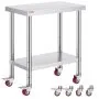 VEVOR Mesa de trabajo de acero inoxidable de 30 x 18 x 34 pulgadas, estante ajustable de 3 etapas con 4 ruedas, mesa de trabajo comercial de preparación de alimentos resistente con freno para trabajos de preparación de cocina