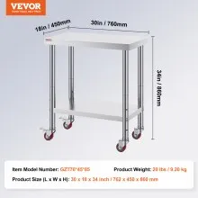 VEVOR Mesa de Preparación Mesa De Trabajo Mesa De Cocina Mesa Acero Inoxidable 76 x 46 x 86 cm Tabla de Cocina Profesional Capacidad de Carga 100 kg