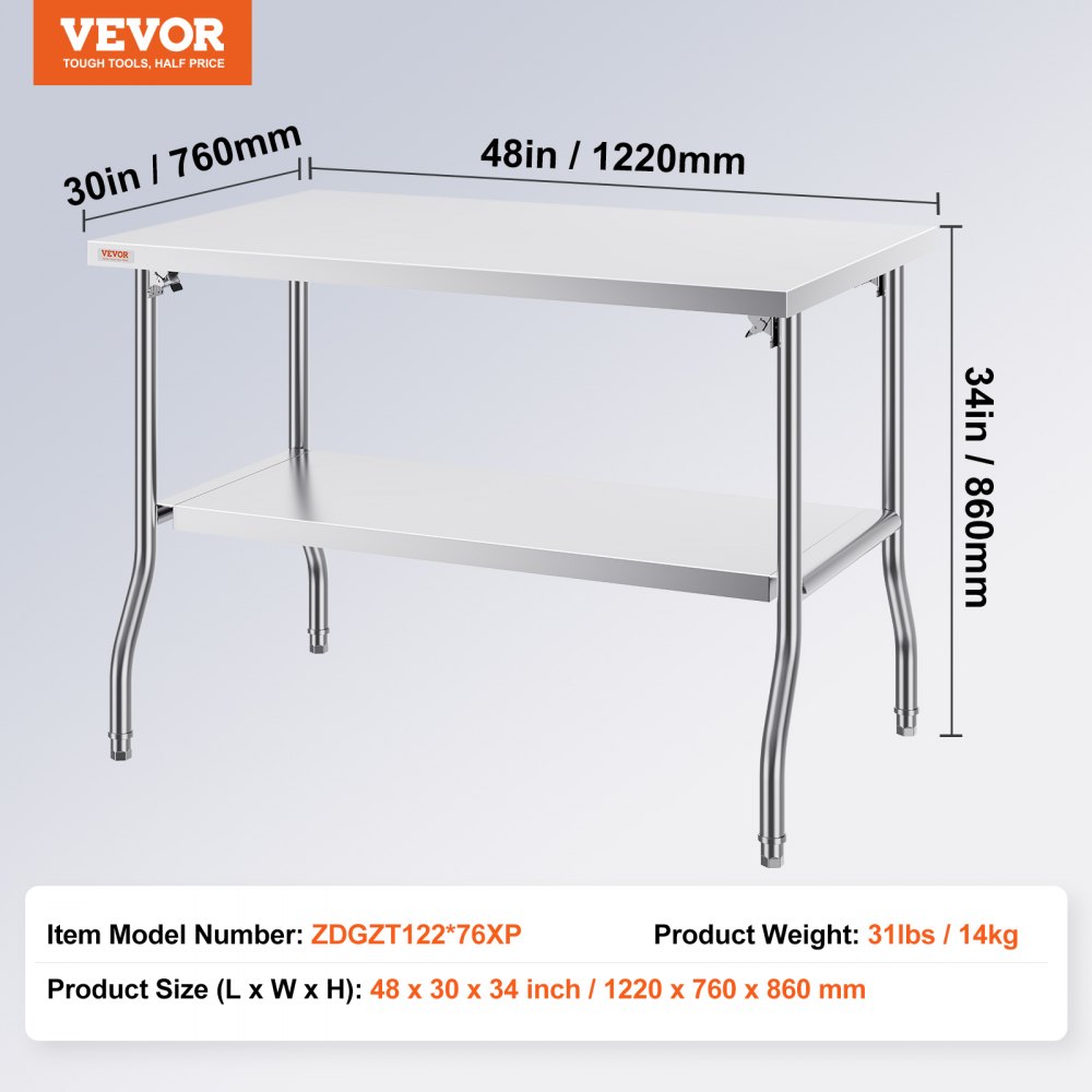 Mesa de trabajo comercial VEVOR con dimensiones 48 x 30 x 34 pulgadas y estante inferior.