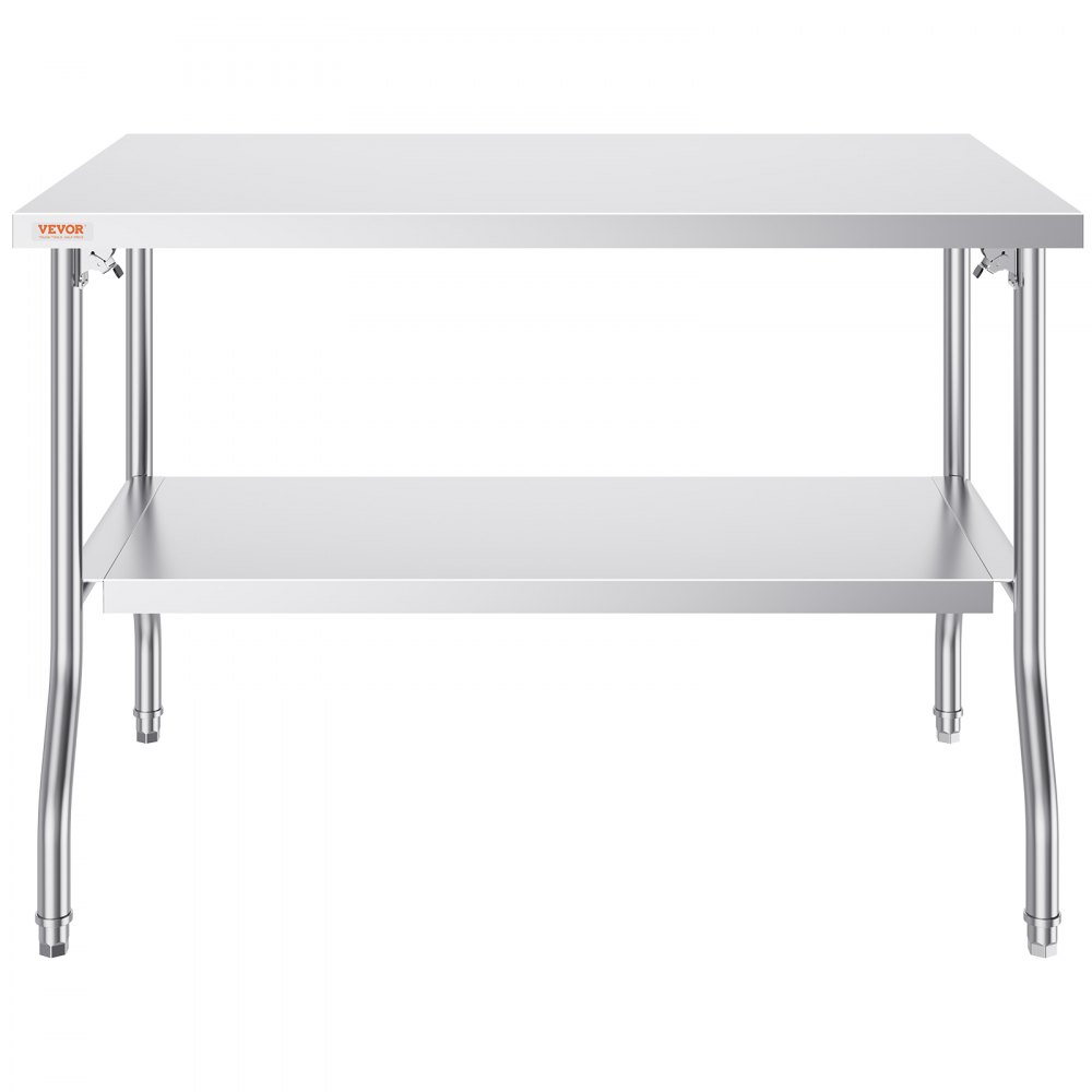 Mesa de trabajo comercial VEVOR con cubierta y estante inferior de acero inoxidable; resistente y duradera.
