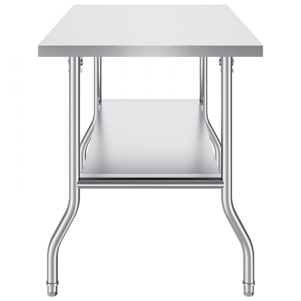Mesa de trabajo comercial VEVOR de acero inoxidable con estante inferior y patas curvas.