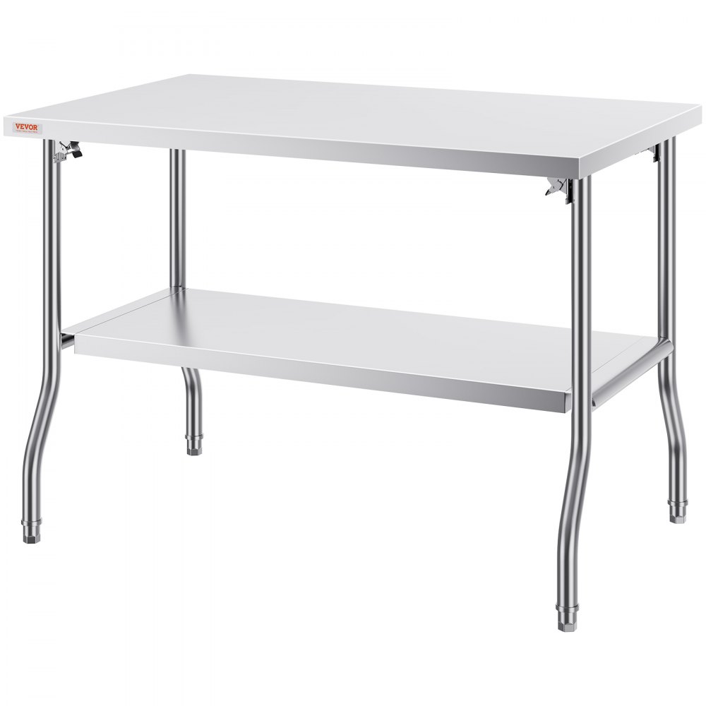 Mesa de trabajo comercial VEVOR de acero inoxidable con estante inferior y patas curvas.