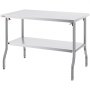 Mesa de trabajo comercial VEVOR de acero inoxidable con estante inferior y patas curvas.