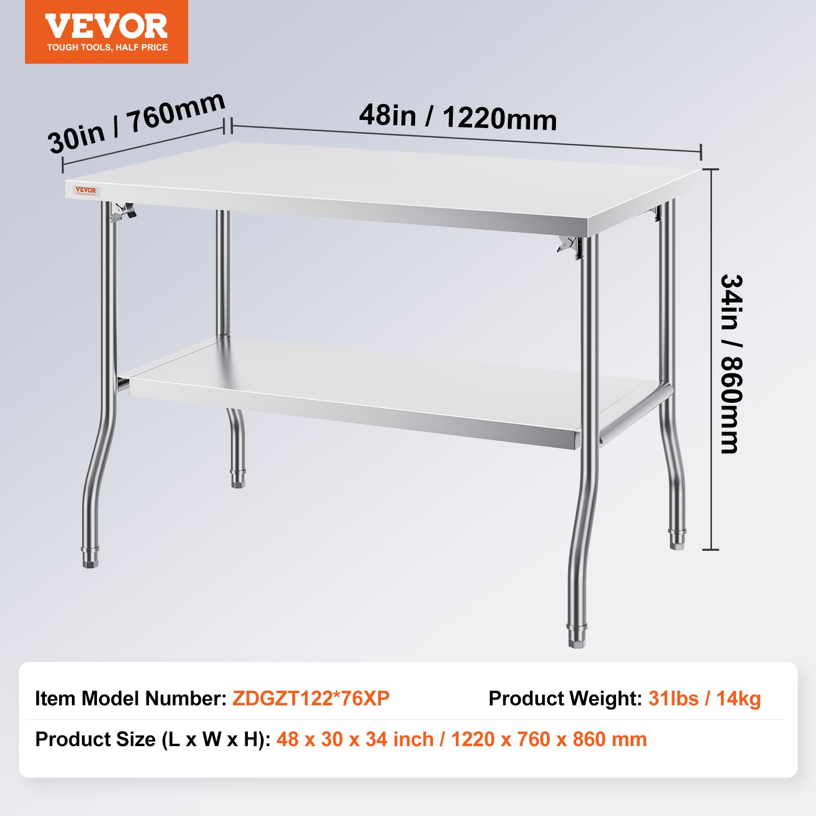 Mesa de trabajo comercial VEVOR con dimensiones 48 x 30 x 34 pulgadas y estante inferior.