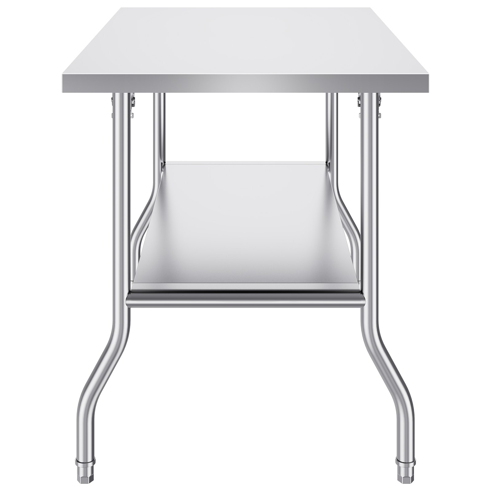 Mesa de trabajo comercial VEVOR de acero inoxidable con estante inferior y patas curvas.