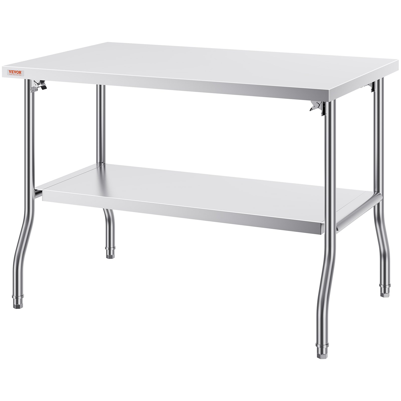 Mesa de trabajo comercial VEVOR de acero inoxidable con estante inferior y patas curvas.