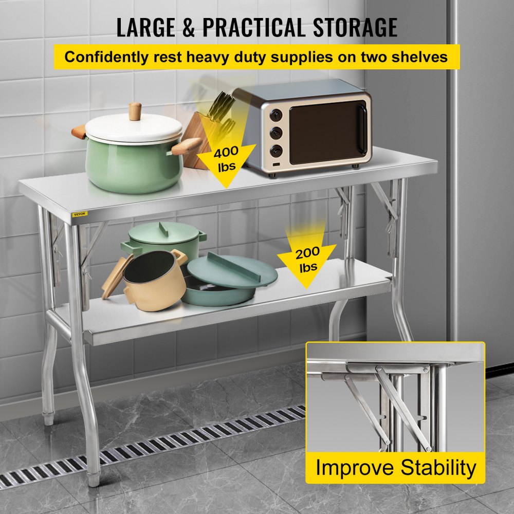 VEVOR Mesa de trabajo comercial estación de trabajo mesa de preparación comercial plegable de 48 x 24 pulgadas, mesa plegable de acero inoxidable resistente con carga de 772 libras, mesa de trabajo de cocina, isla de cocina de acero inoxidable plateado