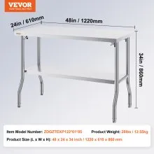 VEVOR Mesa de Trabajo Plegable Mesa De Preparación Mesa De Cocina Mesa Acero Inoxidable 1220 x 610 x 850 mm con Estante Extraíble 350 kg Carga