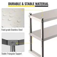 VEVOR Mesa De Preparación Mesa De Trabajo Mesa Acero Inoxidable Estante de Cocina Acero Inoxidable 12  x 60  Mesa de Cocina 2 Niveles