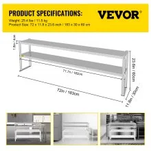 VEVOR Estante de cocina superior doble estante superior de acero inoxidable de doble nivel estante superior de doble cubierta de 72 x 12 pulgadas