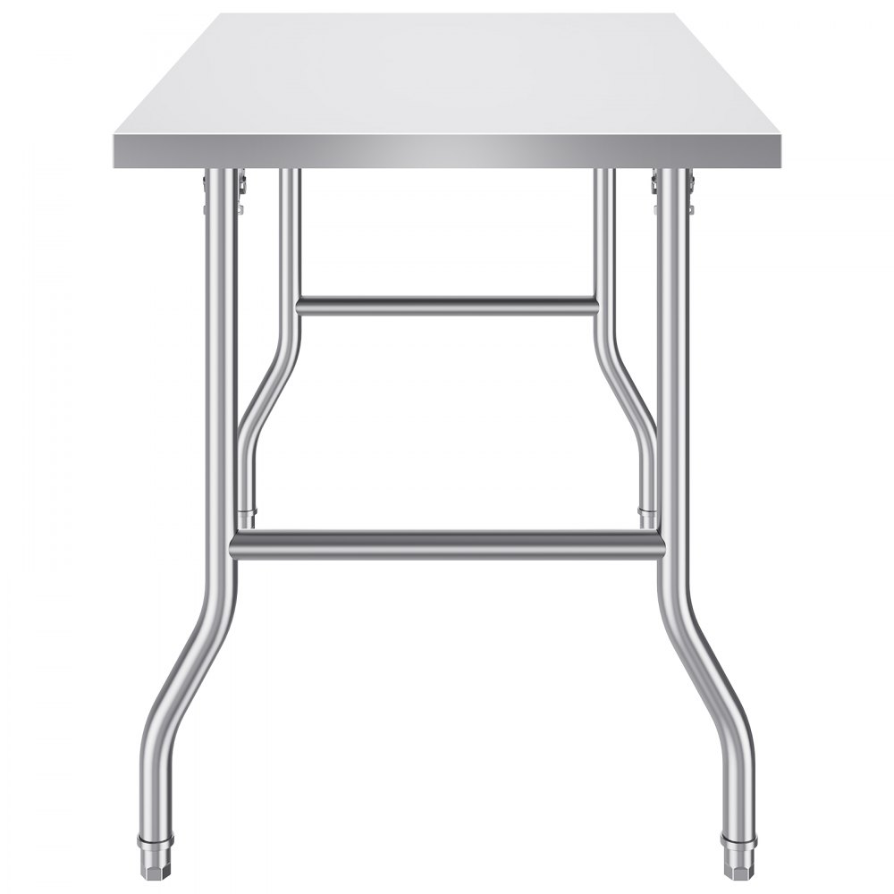 Mesa de preparación comercial plegable VEVOR con estructura de acero inoxidable y superficie plana.