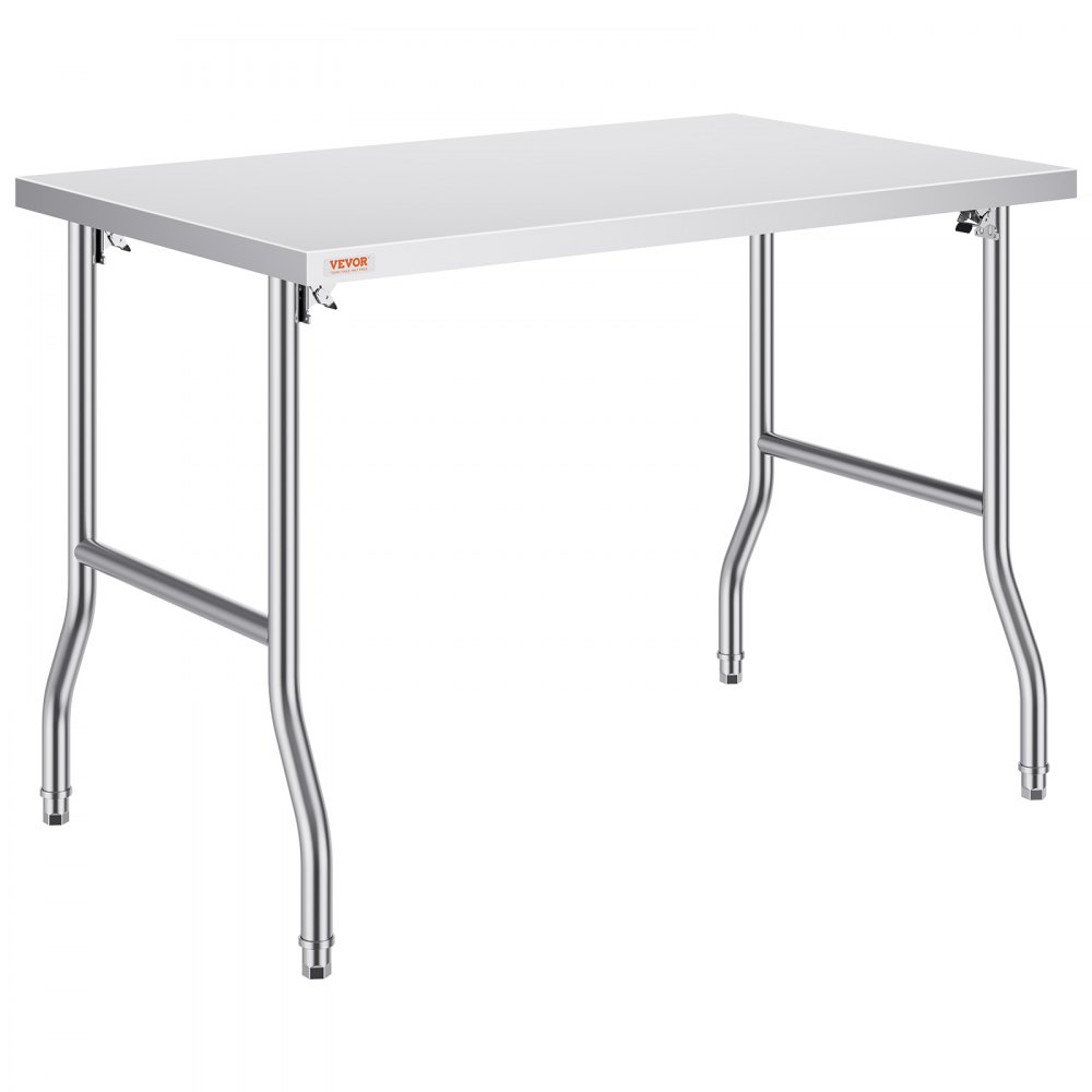 Mesa de acero inoxidable con patas plegables, etiquetada como mesa de preparación comercial plegable VEVOR.