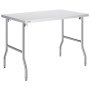 Mesa de acero inoxidable con patas plegables, etiquetada como mesa de preparación comercial plegable VEVOR.