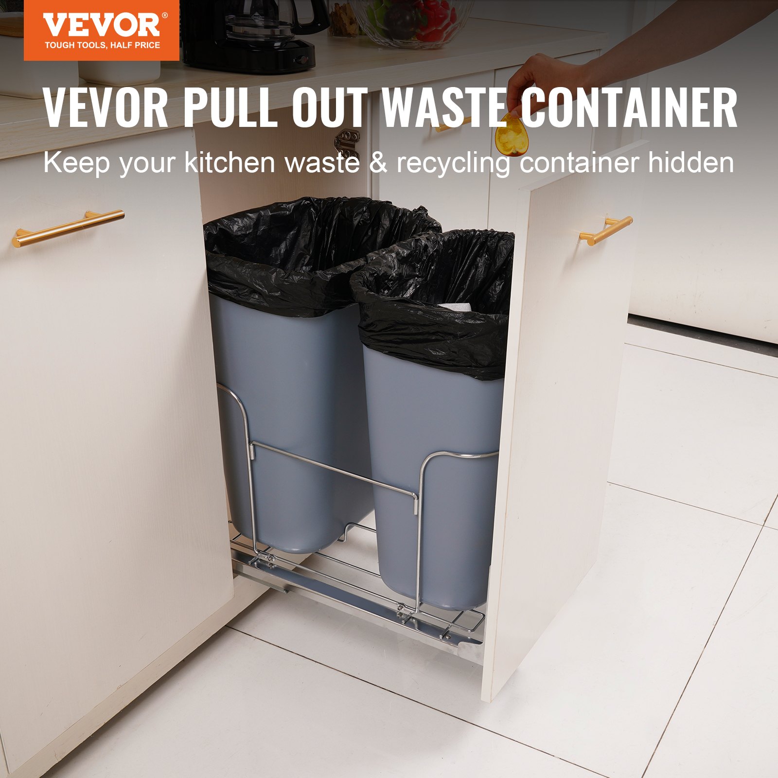 Bote de basura extraíble VEVOR empotrado en armario de cocina con dos contenedores de basura y elegantes manijas.