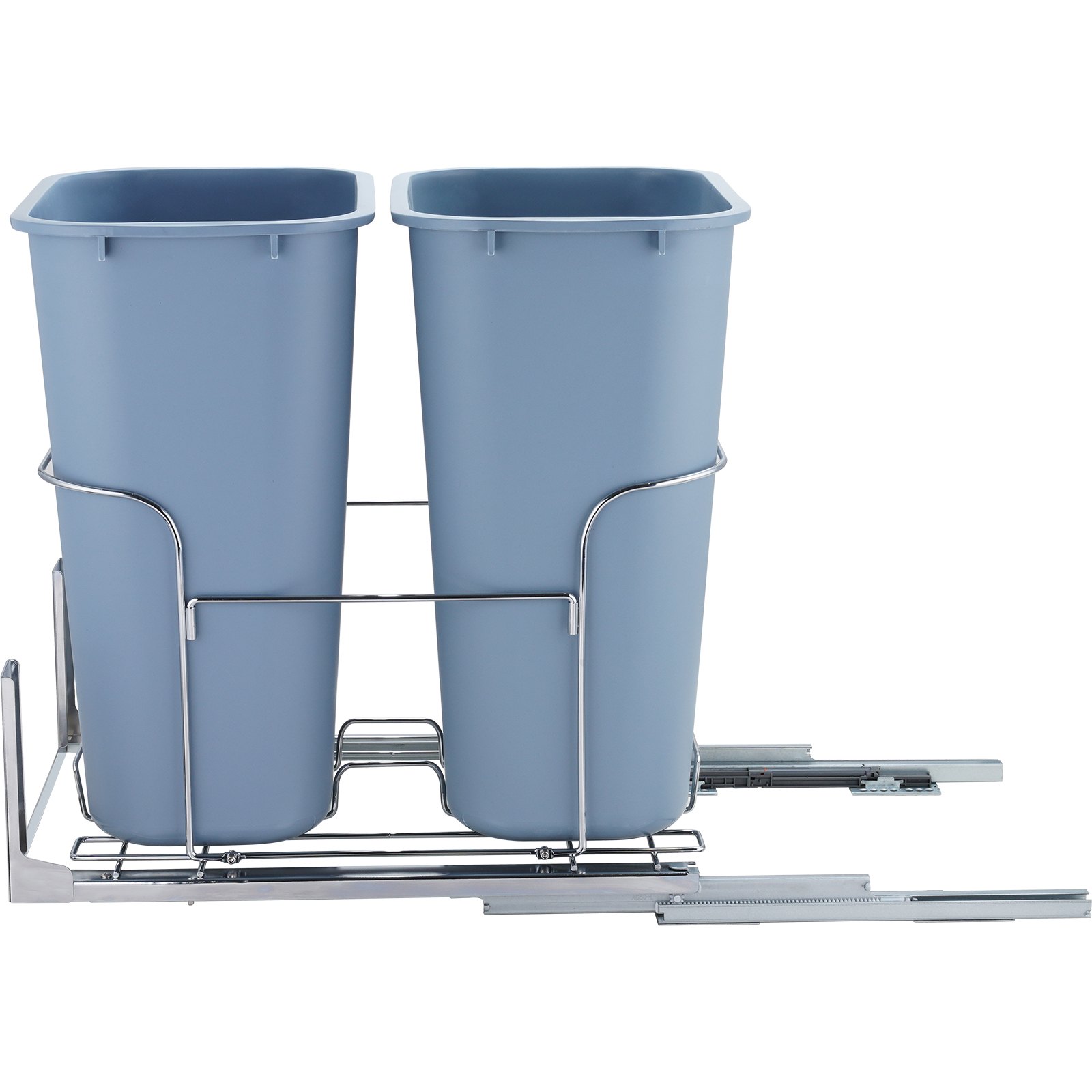Unidad de basura extraíble VEVOR con dos contenedores azules y marco de metal sobre rieles deslizantes, vista frontal.