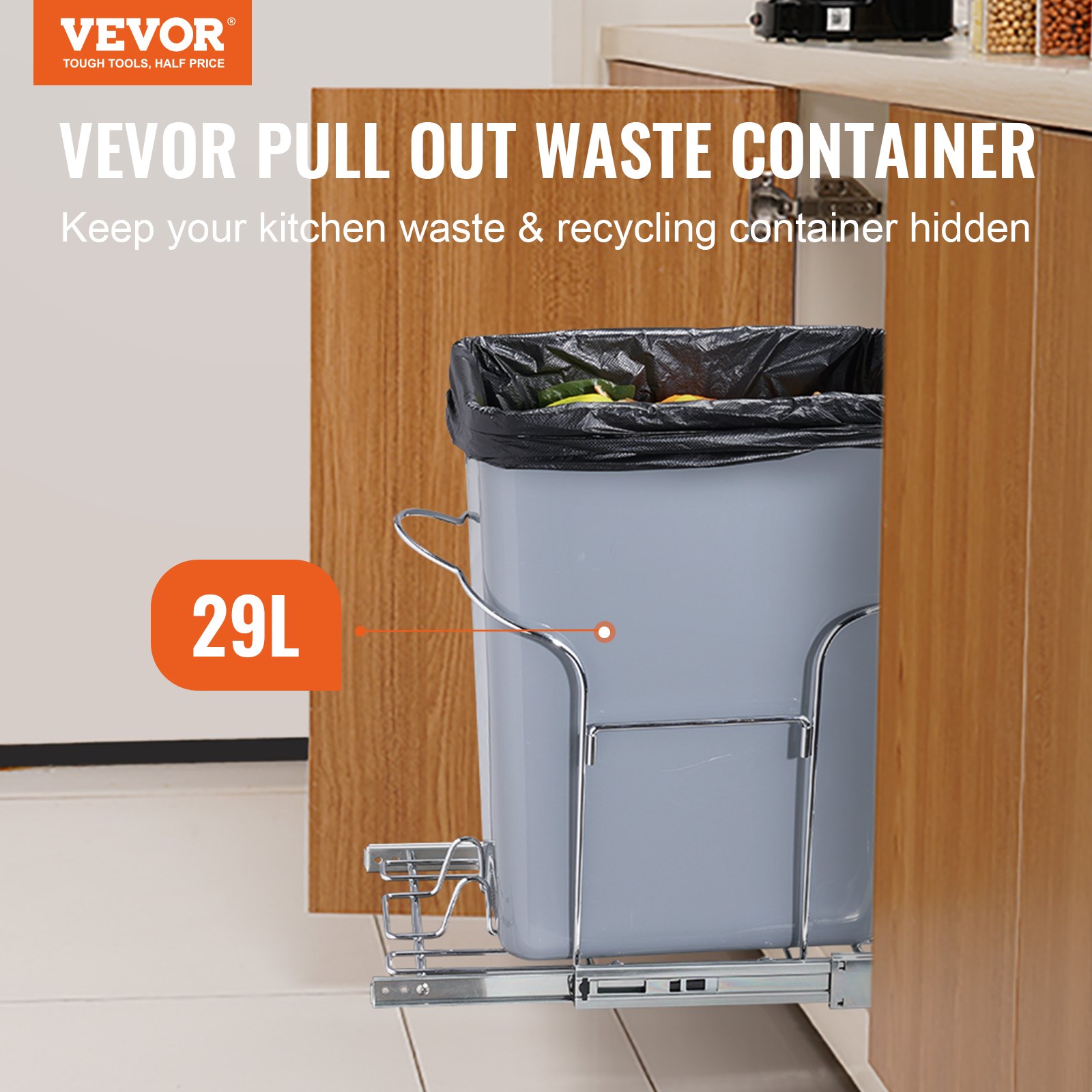 Cubo de basura extraíble VEVOR, capacidad 29l, instalado en mueble de cocina de madera con mecanismo deslizante.