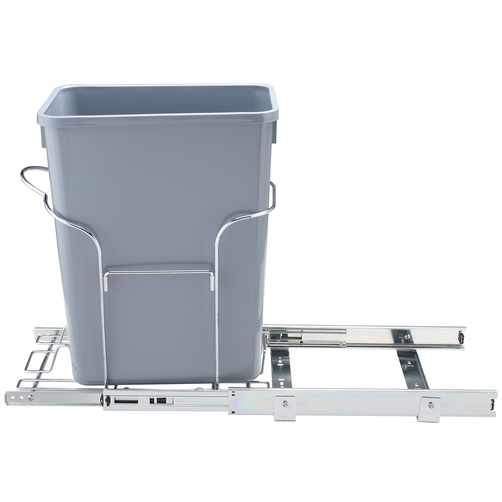 Cubo de basura extraíble VEVOR con contenedor gris y marco deslizante cromado para instalación debajo del gabinete.