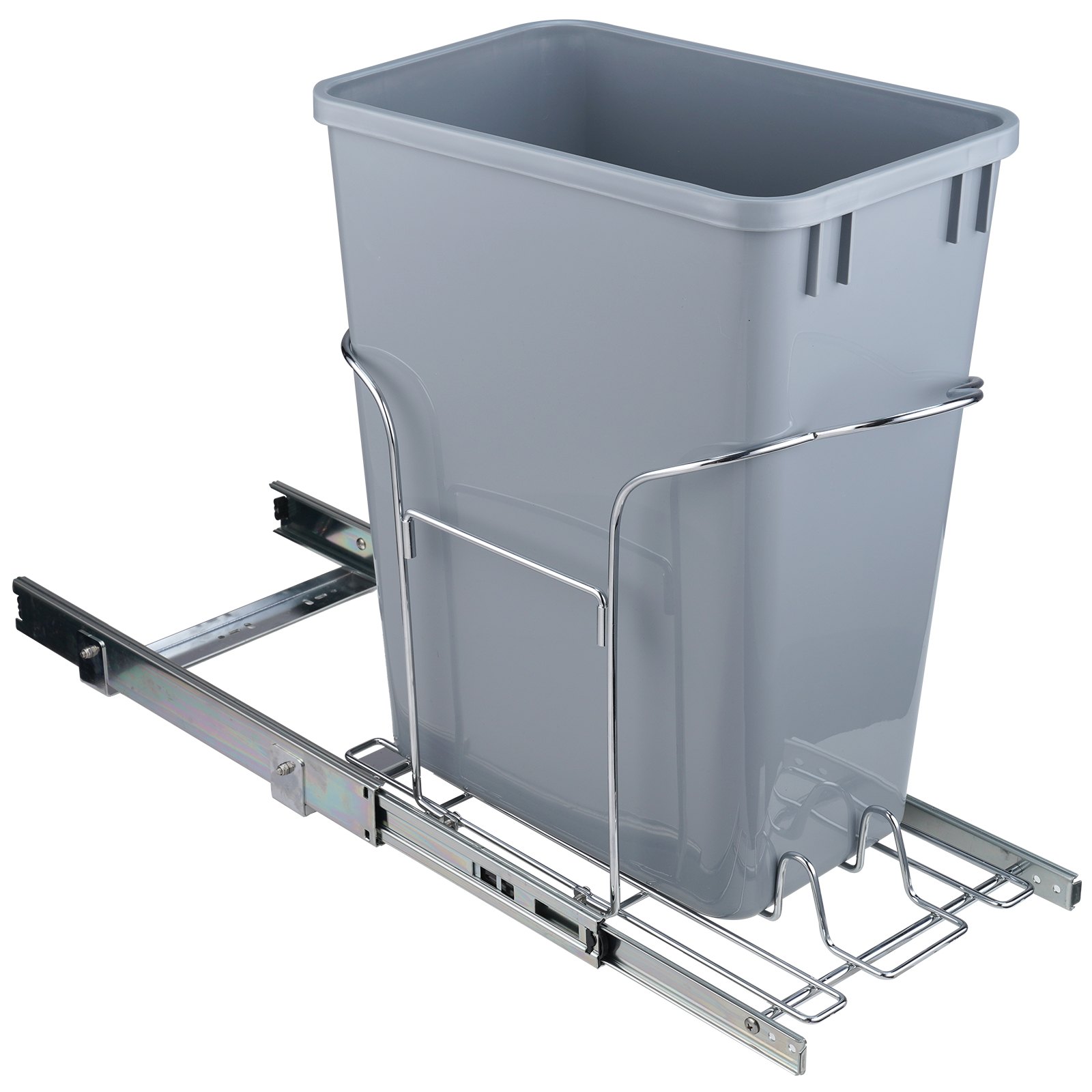 Cubo de basura extraíble VEVOR de color gris con estructura de metal y rieles deslizantes, diseñado para instalación bajo encimera.