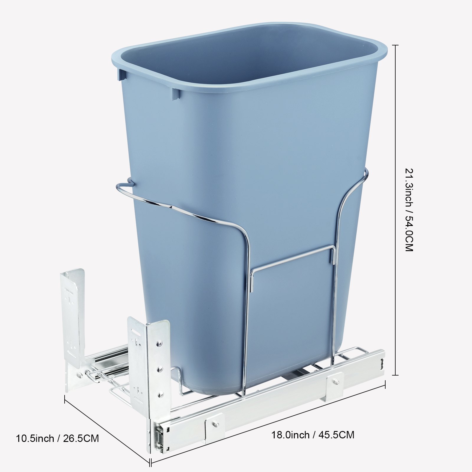 Cubo de basura extraíble VEVOR con contenedor azul y marco deslizante de metal, con medidas 21,3” x 18,0” x 10,5”.