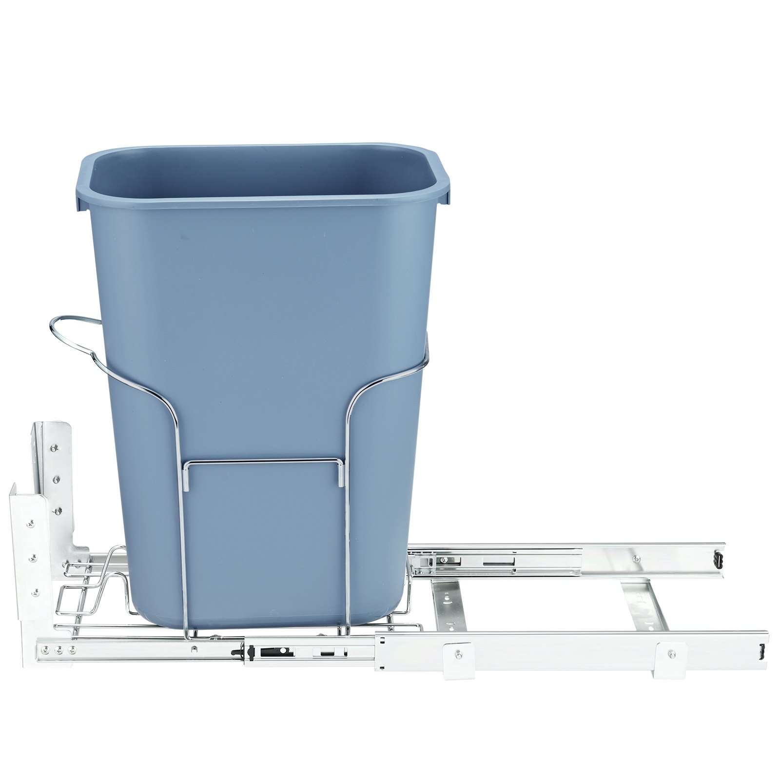 Bote de basura azul sobre rejilla deslizante de metal para instalación debajo del gabinete, con bote de basura extraíble VEVOR.