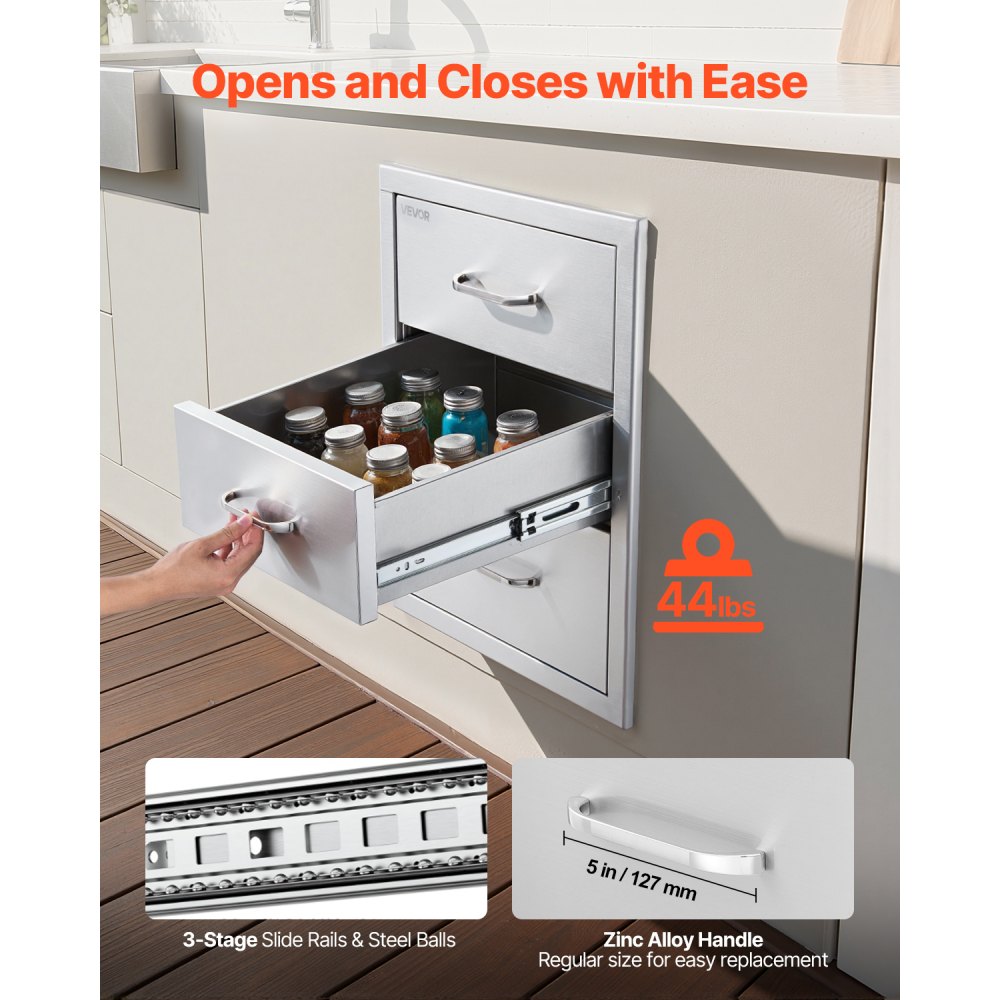 Cajones de cocina para exteriores VEVOR de 46 cm de ancho x 59 cm de profundidad x 59 cm de alto. Cajonera modular de acero inoxidable con triple acceso y asas. Cajón para isla de barbacoa, ideal para cocina exterior o parrilla de patio.