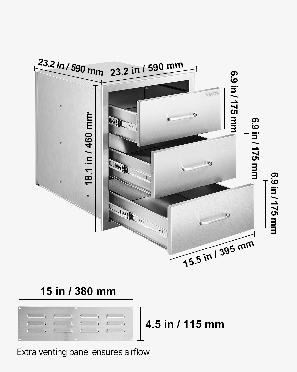 Cajones de cocina para exteriores VEVOR de 46 cm de ancho x 59 cm de profundidad x 59 cm de alto. Cajonera modular de acero inoxidable con triple acceso y asas. Cajón para isla de barbacoa, ideal para cocina exterior o parrilla de patio.