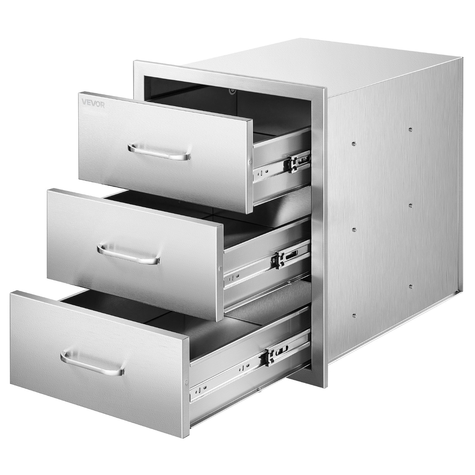 Cajones de cocina para exteriores VEVOR de 46 cm de ancho x 59 cm de profundidad x 59 cm de alto. Cajonera modular de acero inoxidable con triple acceso y asas. Cajón para isla de barbacoa, ideal para cocina exterior o parrilla de patio.