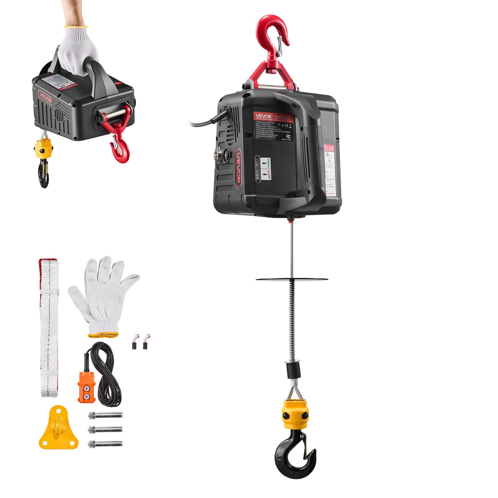 Cabrestante eléctrico 2 en 1 VEVOR, capacidad de 1100 lb, grúa portátil de 1500 W, altura de elevación de 25 pies, 16,4 pies/min con control remoto manual y con cable para fábricas, almacenes y garajes.
