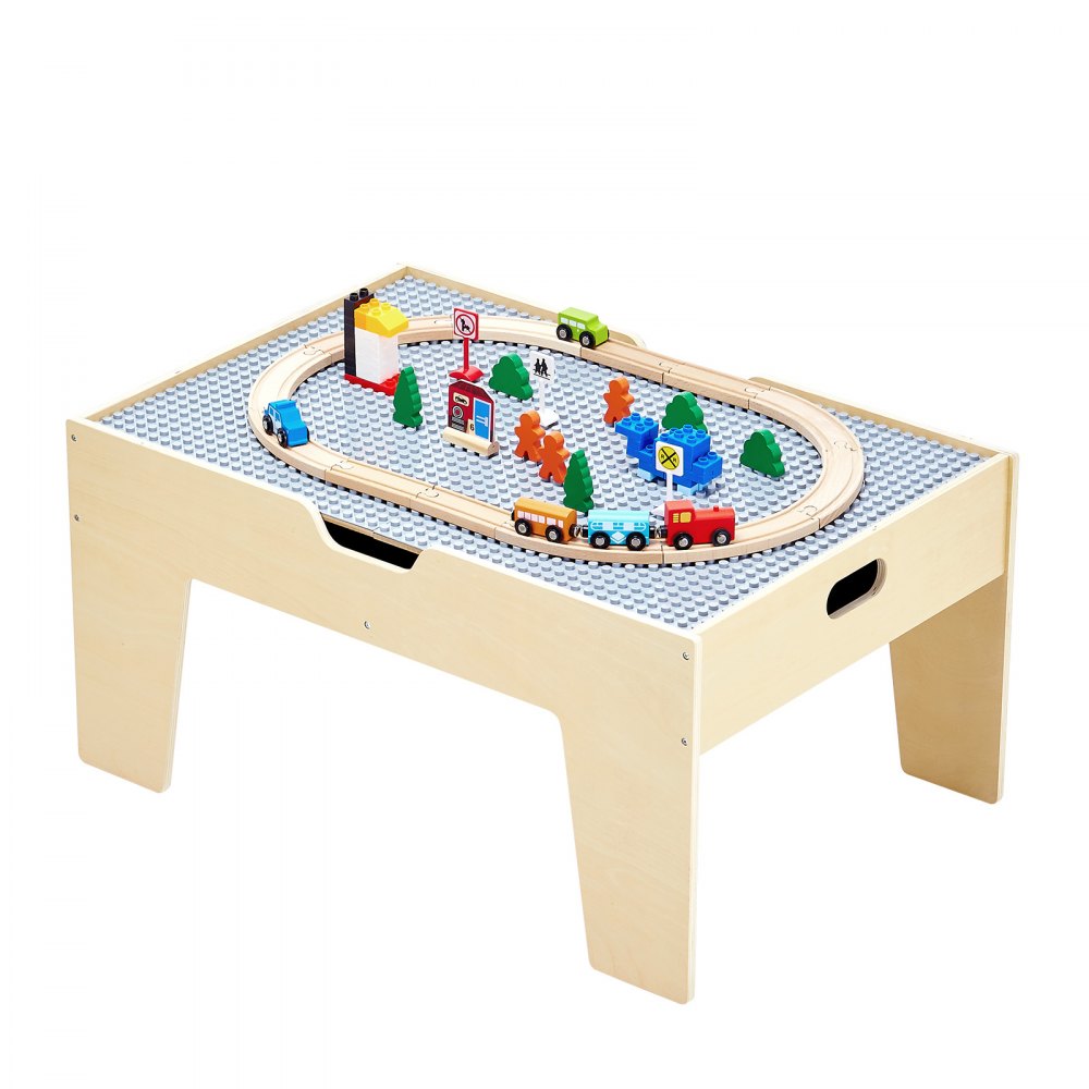 Mesa de juego multiusos VEVOR, 290 bloques de construcción y 30 piezas de tren de madera con vías, vehículos, vías y accesorios. Mesa de actividades de madera para niños con espacio de almacenamiento para niños a partir de 3 años.