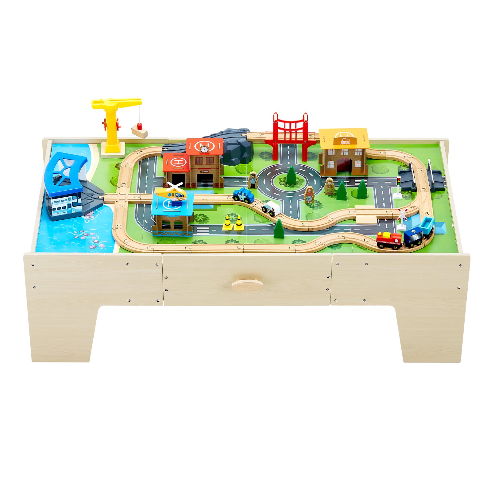 Mesa de tren VEVOR, 62 piezas multicolores de madera para actividades infantiles con cajón grande, juego de tren de madera 3 en 1 para jugar, dibujar, leer y comer, juego de juguetes creativos para niños mayores de 3 años.