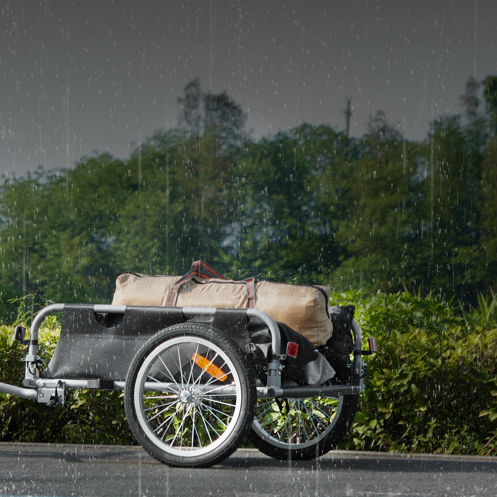 Remolque de carga para bicicletas VEVOR, capacidad de carga de 45 kg, carrito resistente para bicicletas, plegable, compacto, de liberación rápida y con enganche universal, ruedas de 40 cm, reflectores de seguridad, compatible con ruedas de 56 a 71 cm.