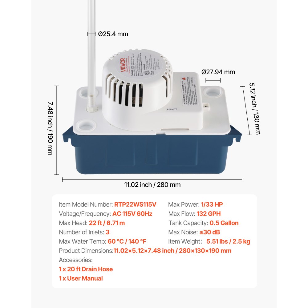 Bomba de condensado VEVOR, 1/33 HP, 100 GPH, elevación de 22 pies, 115 V. Bomba automática de eliminación de condensado con interruptor de seguridad y tubería de 20 pies, para aire acondicionado, deshumidificador, HVAC, horno y drenaje de agua de máquina de hielo.