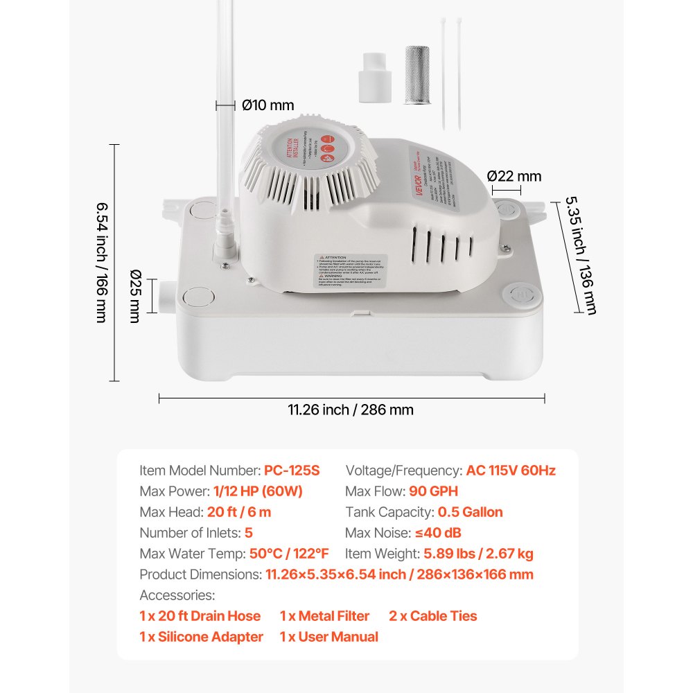 Bomba de condensado VEVOR, 1/12 HP, 90 GPH, elevación de 20 pies, bomba automática de eliminación de condensado de CA de 115 V con interruptor de seguridad, tubería de 20 pies, para aire acondicionado, deshumidificador, HVAC, horno, drenaje de agua de máquina de hielo.