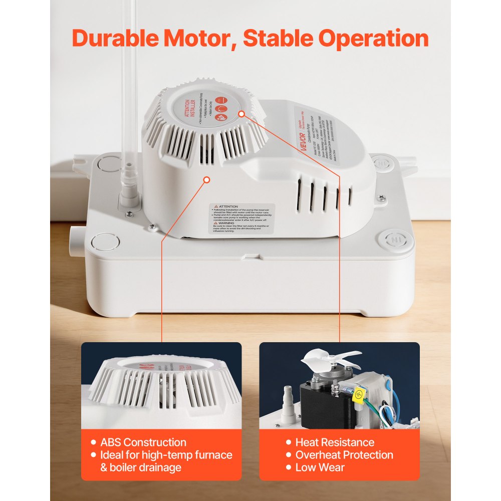 Bomba de condensado VEVOR, 1/12 HP, 90 GPH, elevación de 20 pies, bomba automática de eliminación de condensado de CA de 115 V con interruptor de seguridad, tubería de 20 pies, para aire acondicionado, deshumidificador, HVAC, horno, drenaje de agua de máquina de hielo.