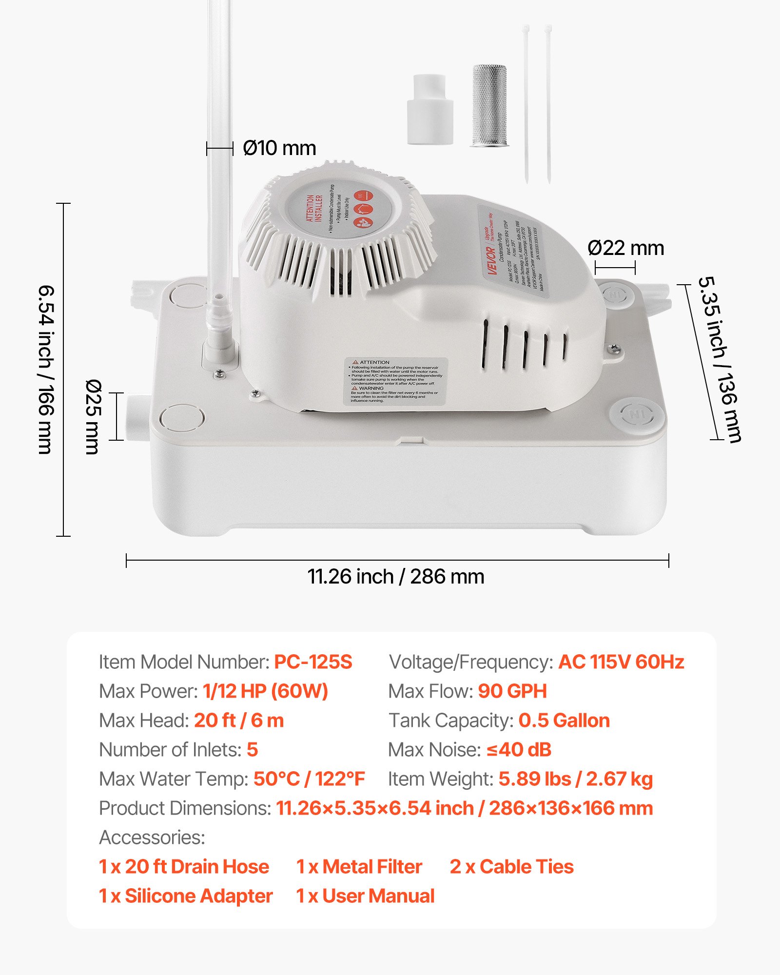 Bomba de condensado VEVOR, 1/12 HP, 90 GPH, elevación de 20 pies, bomba automática de eliminación de condensado de CA de 115 V con interruptor de seguridad, tubería de 20 pies, para aire acondicionado, deshumidificador, HVAC, horno, drenaje de agua de máquina de hielo.