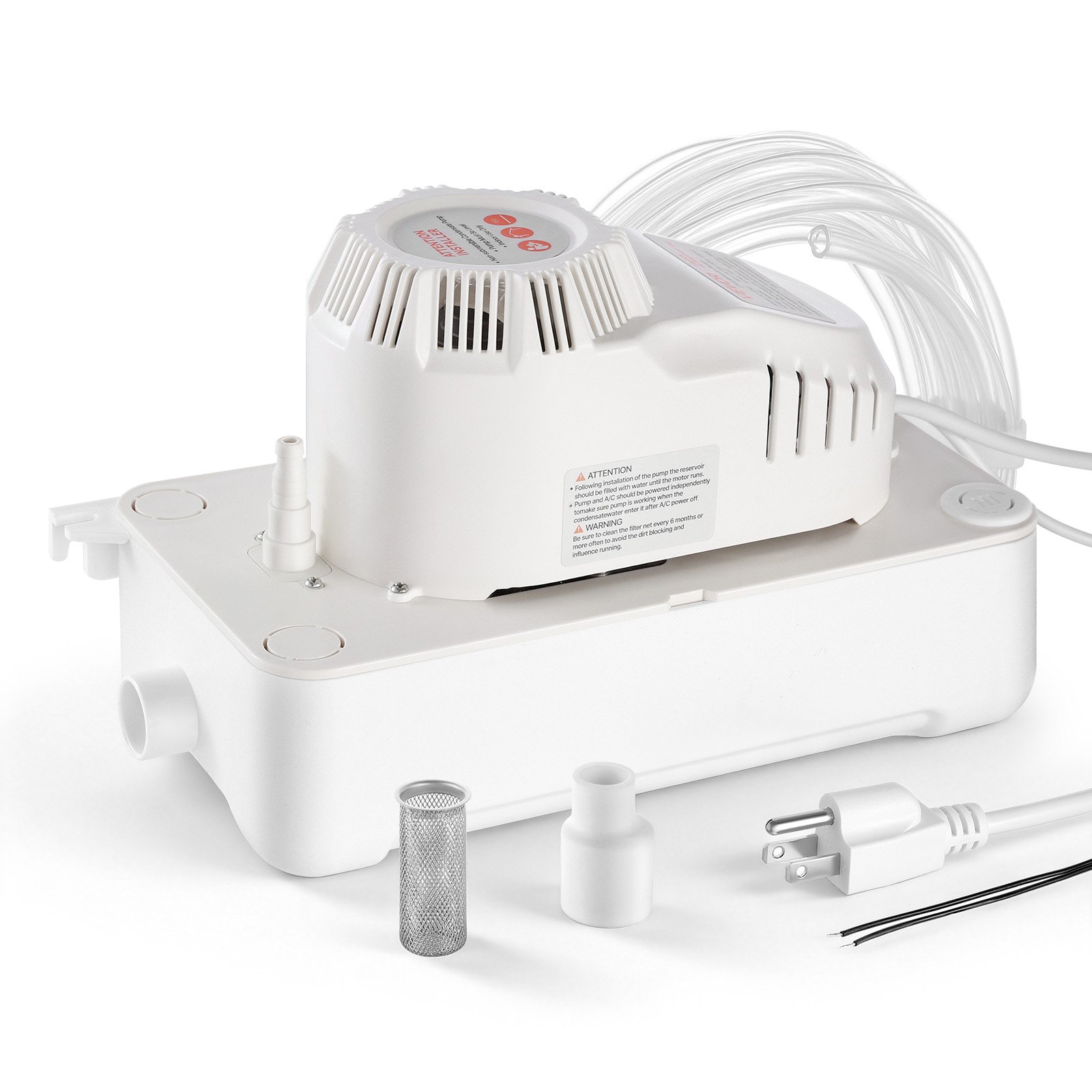 Bomba de condensado VEVOR, 1/12 HP, 90 GPH, elevación de 20 pies, bomba automática de eliminación de condensado de CA de 115 V con interruptor de seguridad, tubería de 20 pies, para aire acondicionado, deshumidificador, HVAC, horno, drenaje de agua de máquina de hielo.