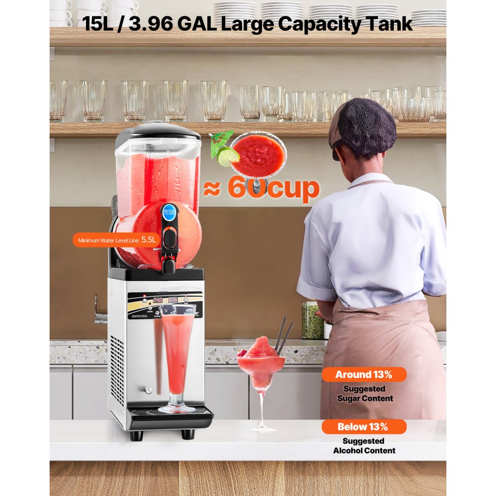VEVOR - Máquina comercial para hacer granizados con un solo tanque de 15 l, de acero inoxidable, para 60 tazas de batidos de margarita, ideal para fiestas en casa, restaurantes, cafeterías y bares.