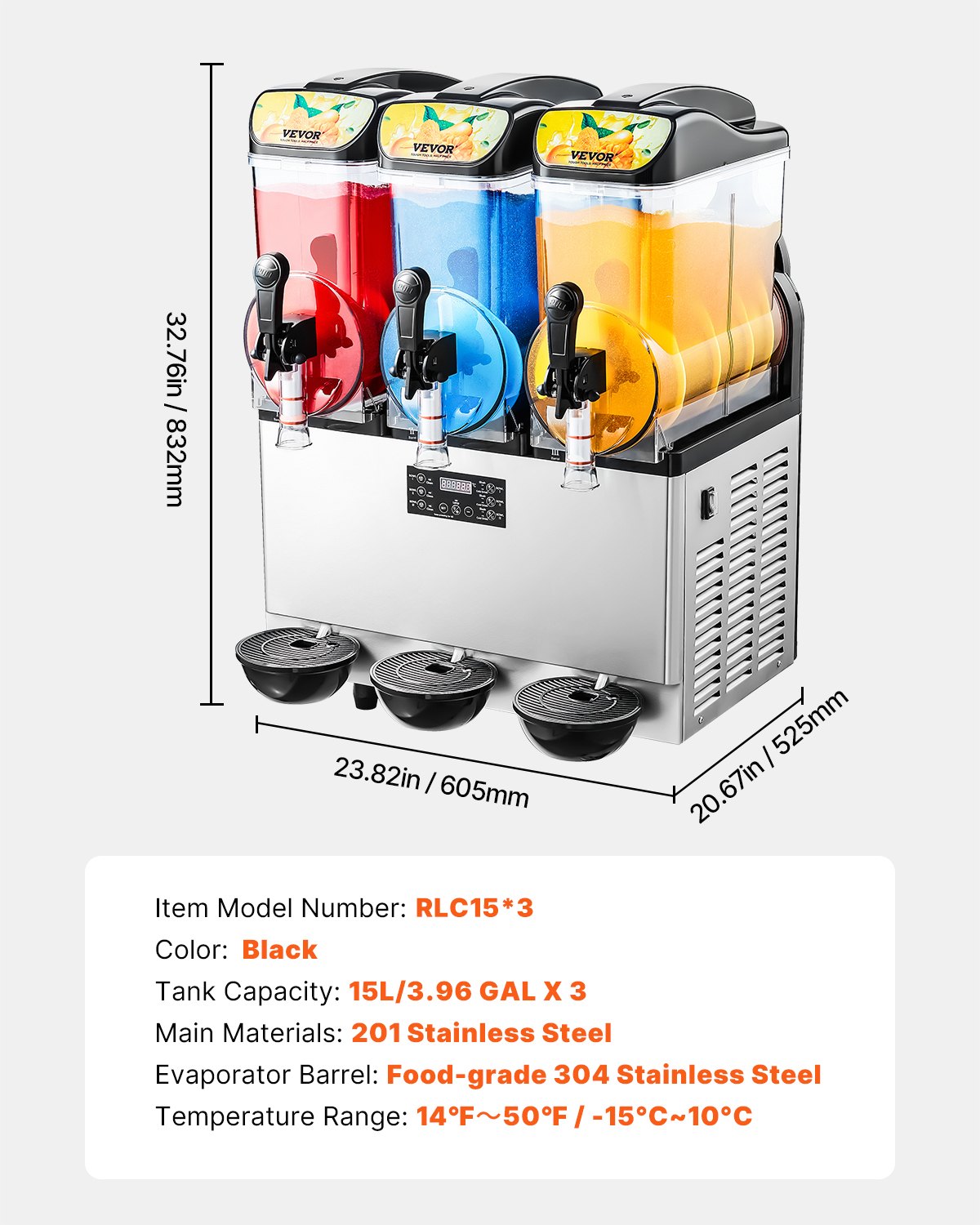 VEVOR - Máquina comercial para hacer granizados con triple tanque de 15 L x 3 pulgadas, de acero inoxidable, para preparar 180 tazas de margaritas, batidos y granizados, ideal para fiestas en casa, restaurantes, cafeterías y bares.
