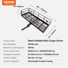 VEVOR Portaequipajes de enganche, 60 x 24 x 14 pulgadas, cesta de carga de acero montada en enganche de remolque plegable, capacidad de carga de 400 libras, portaequipajes con estabilizador, se adapta al receptor de enganche de 2 pulgadas para camioneta SUV
